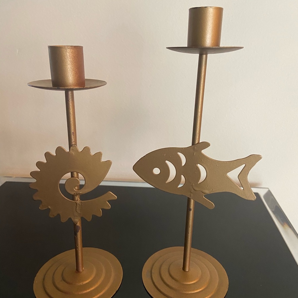 Pair of Brass colored fish and shell candle holder